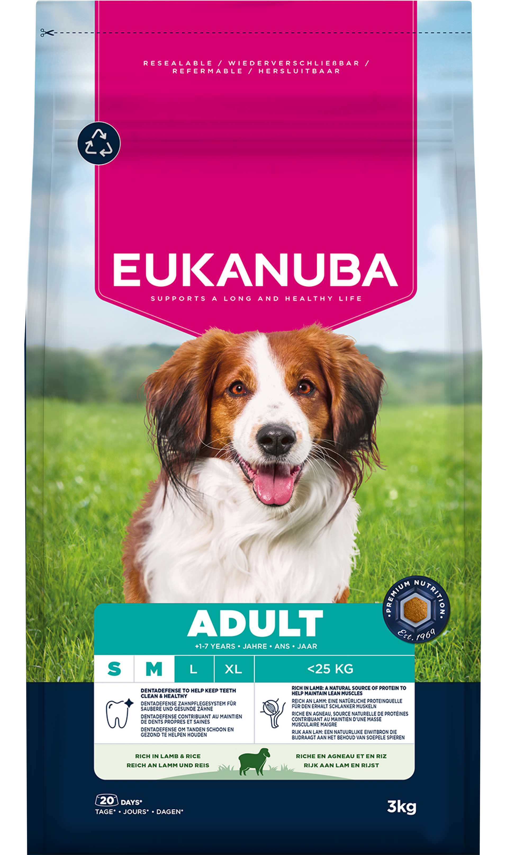 Front View of Eukanuba Life Care Adult Small/Medium Breed Dry Dog Food - Lamb & Rice - 3kg & 12kg