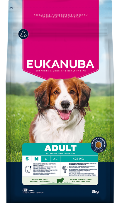 Front View of Eukanuba Life Care Adult Small/Medium Breed Dry Dog Food - Lamb & Rice - 3kg & 12kg