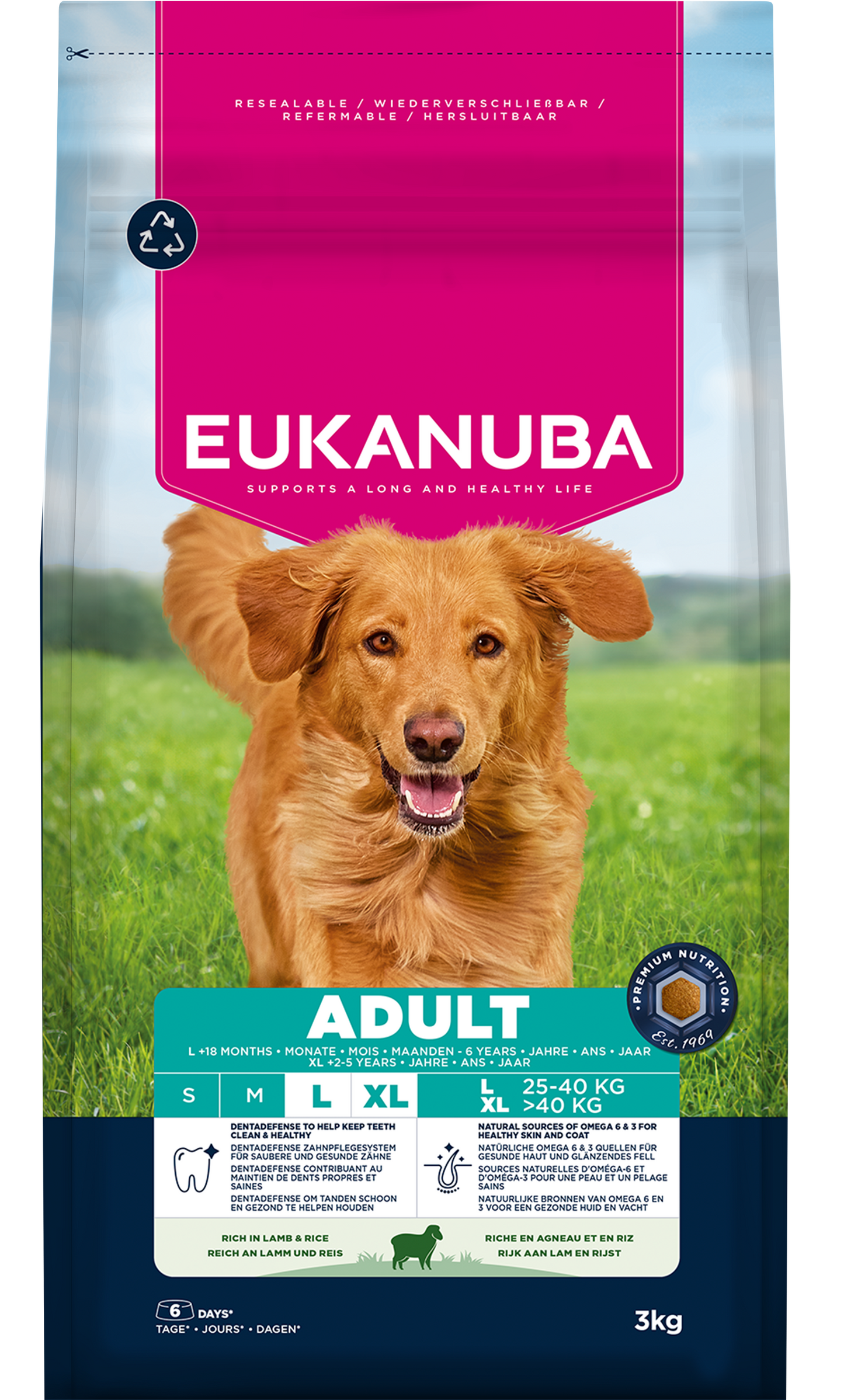 Front View of Eukanuba Adult Large Breed Dry Dog Food - Lamb & Rice - 3kg & 12kg