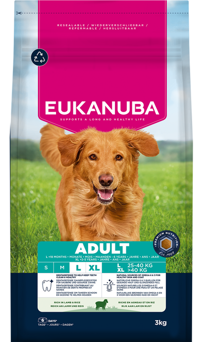 Front View of Eukanuba Adult Large Breed Dry Dog Food - Lamb & Rice - 3kg & 12kg