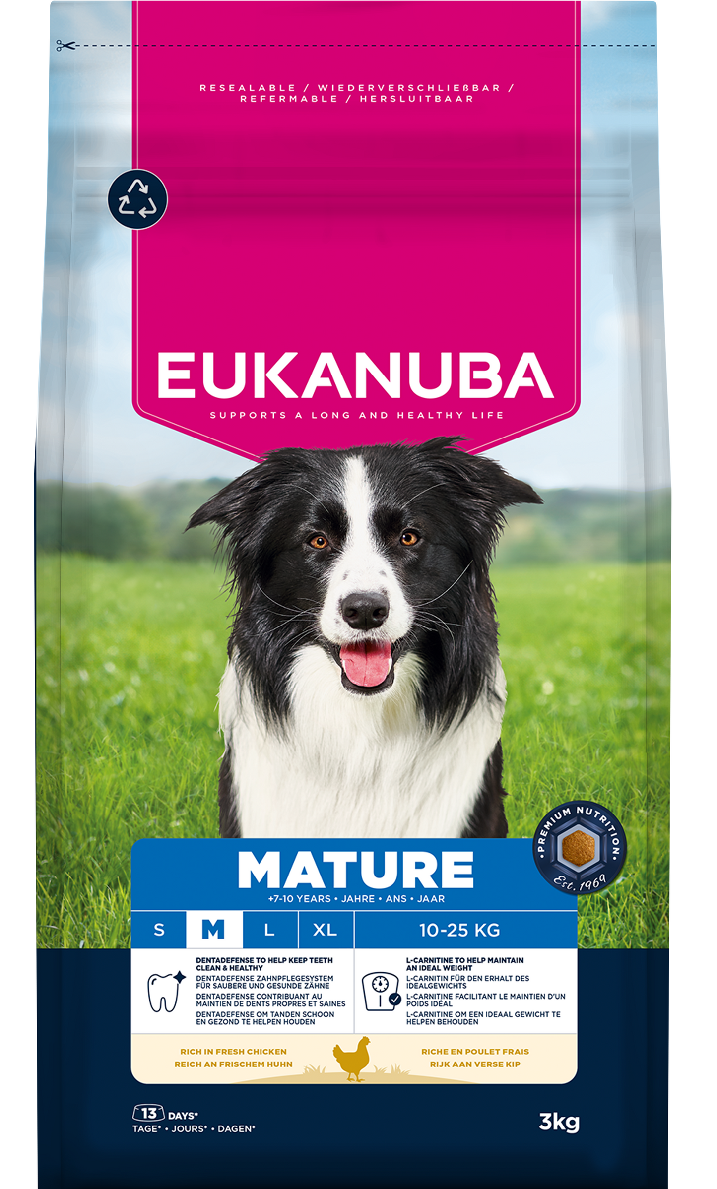 Front View of Eukanuba Mature Medium Breed Dry Dog Food - Chicken - 3kg & 12kg