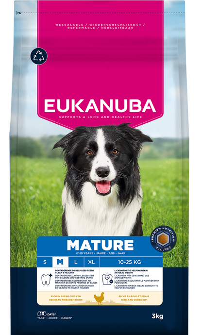 Front View of Eukanuba Mature Medium Breed Dry Dog Food - Chicken - 3kg & 12kg