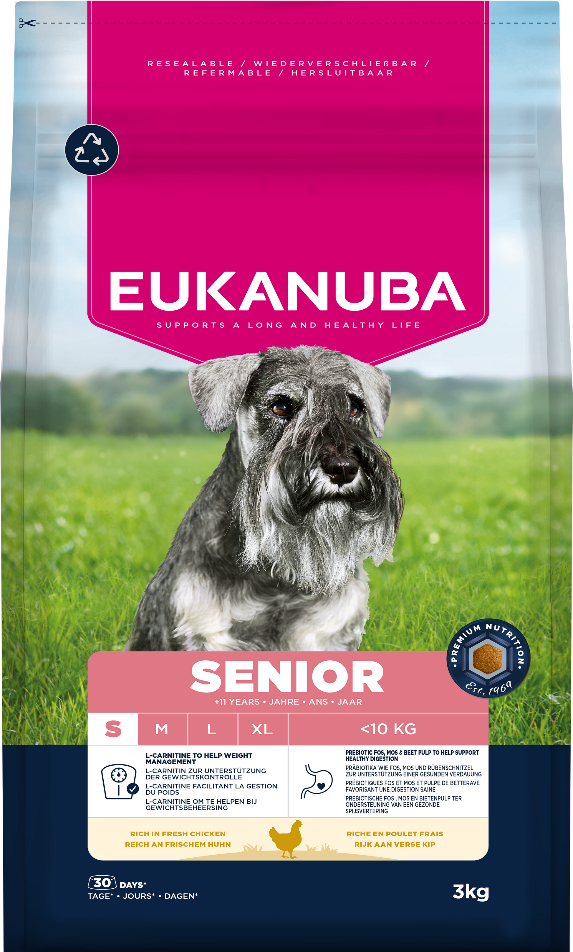 Front View of Eukanuba Senior Small Breed Dry Dog Food - Chicken - 3kg, 7.5kg & 12kg