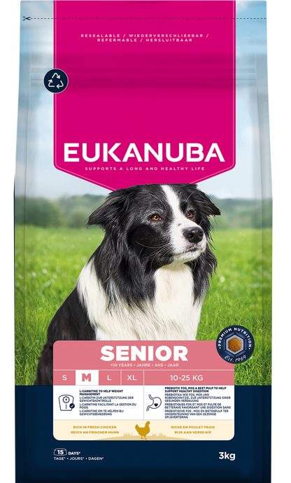 Front View of Eukanuba Life Care Senior Medium Breed Dry Dog Food - Chicken - 3kg & 12kg