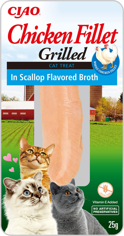Front View of Ciao Grilled Chicken Fillet Cat Treat in Scallop Flavoured Broth - 25 g