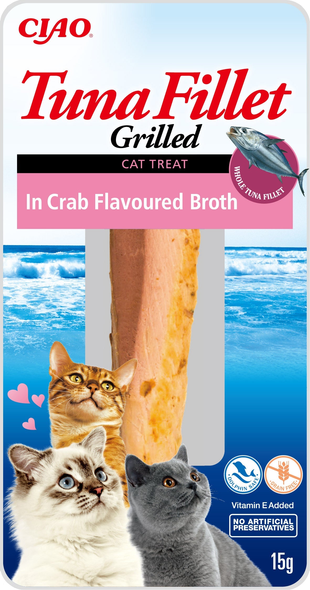 Front View of Ciao Grilled Tuna Fillet Cat Treat in Crab Flavoured Broth - 15 g