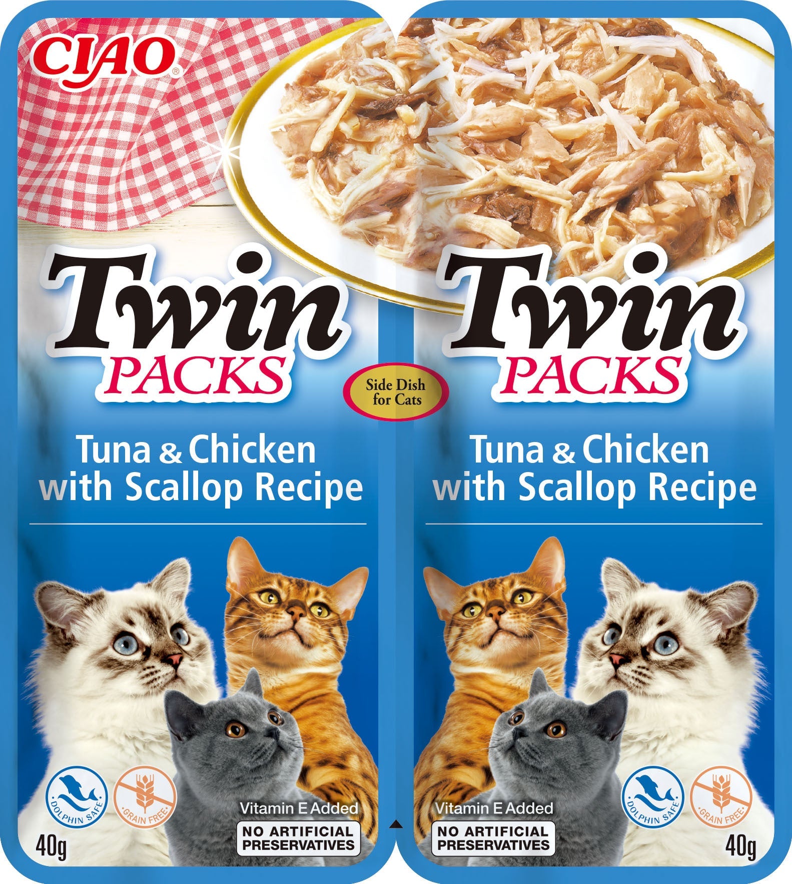 Front View of Ciao Twin Packs Wet Cat Food - Tuna & Chicken with Scallop Recipe in Scallop Broth - 80 g