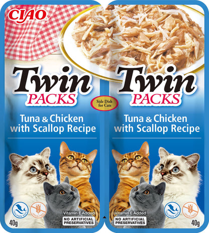 Front View of Ciao Twin Packs Wet Cat Food - Tuna & Chicken with Scallop Recipe in Scallop Broth - 80 g