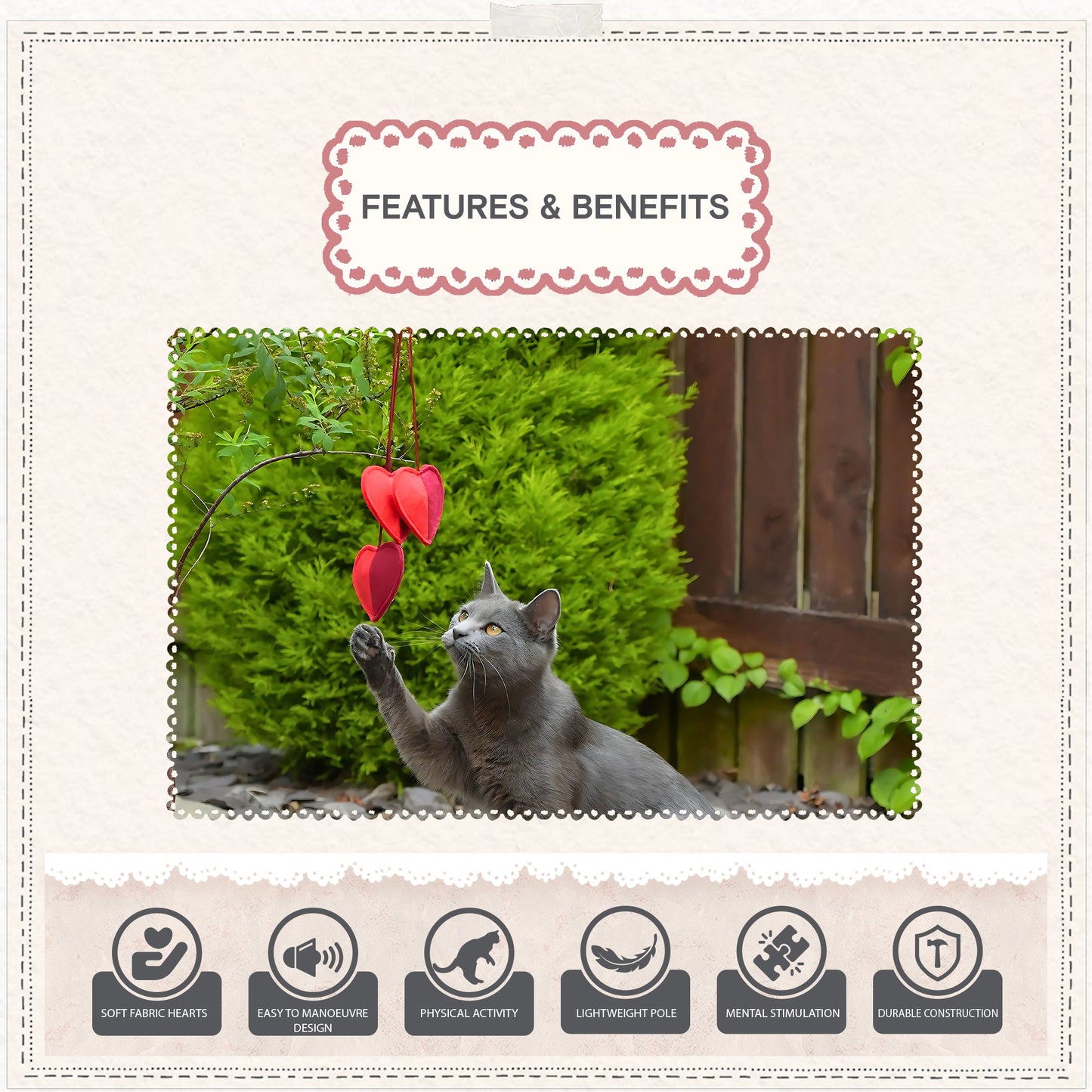 Cath Kidston Dogs & Roses 3 Hearts Cat Teaser Toy