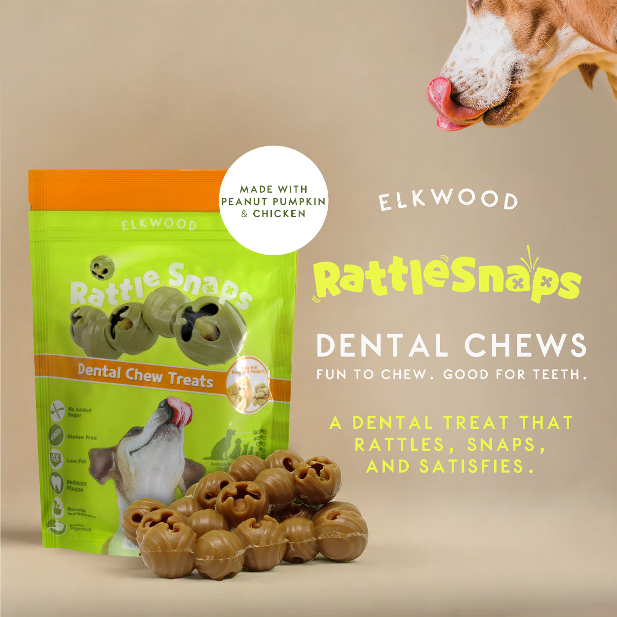 Elkwood Rattlesnaps Peanut & Pumpkin Dental Chew with Chicken Saver Pack | 24 Dental Chews