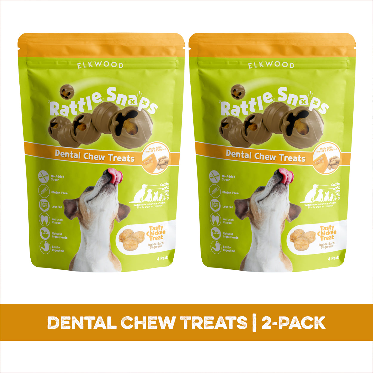 Elkwood Rattlesnaps Peanut & Pumpkin Dental Chew with Chicken Twin Pack | 8 Dental Chews
