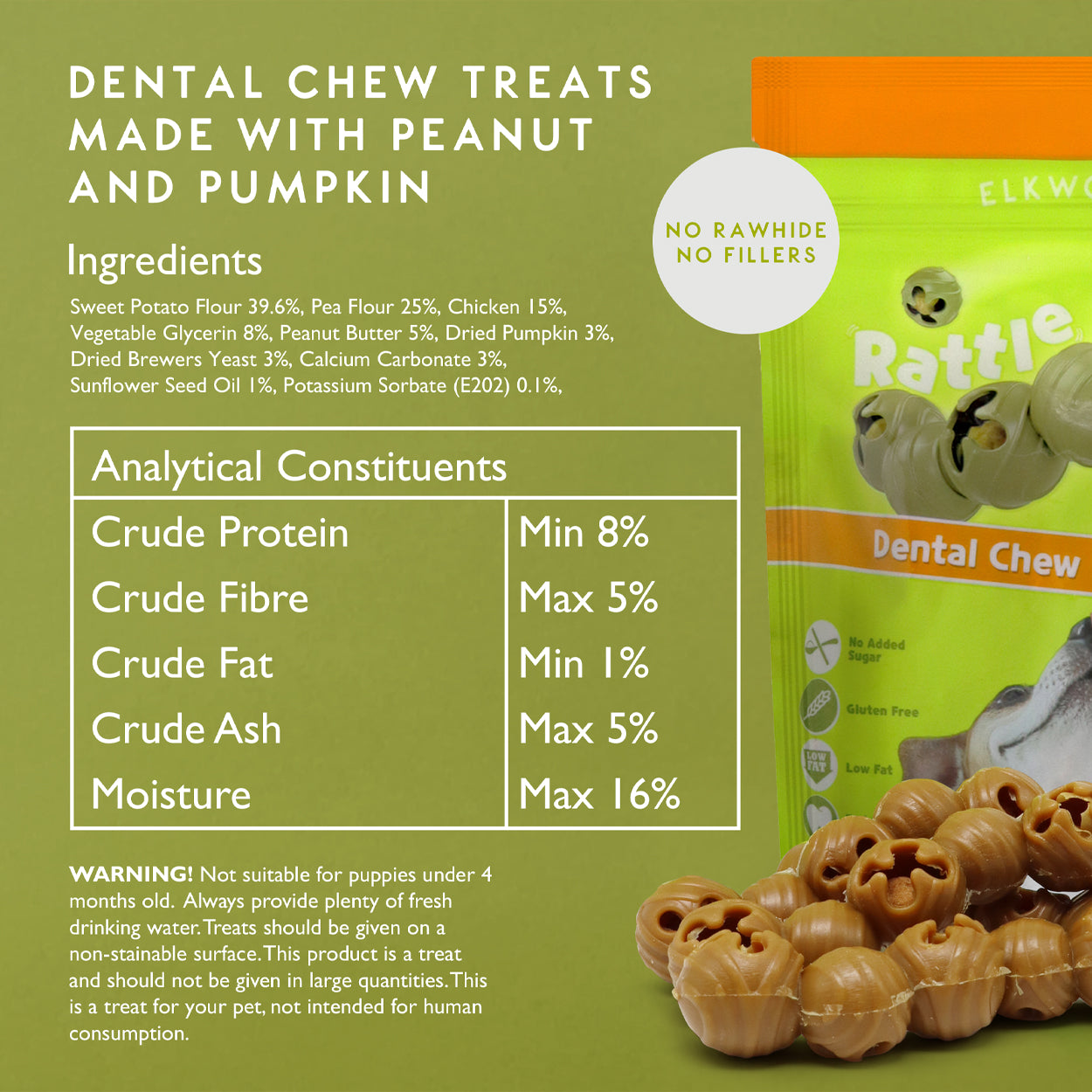 Elkwood Rattlesnaps Peanut & Pumpkin Dental Chew with Chicken Value Pack | 16 Dental Chews