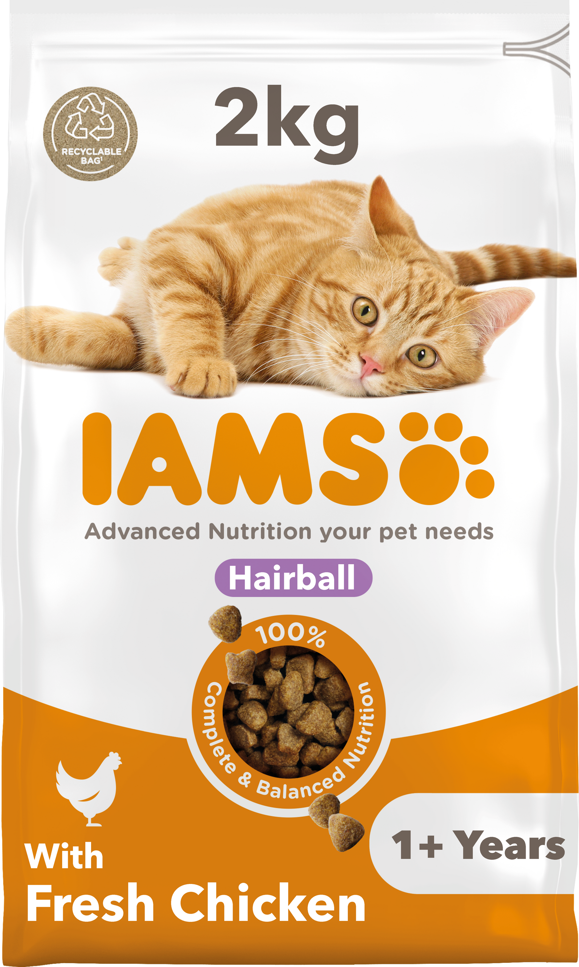 Iams Iams For Hairball Chicken Pork Turkey Adult Dry Cat Food pet food packaging