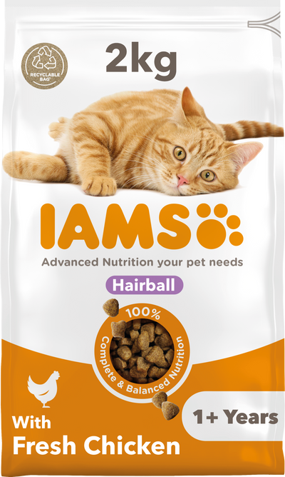 Iams Iams Hairball Chicken Adult Dry Cat Food pet food packaging