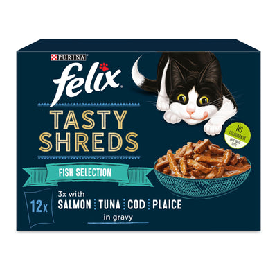 Felix Felix Tasty Shreds Gravy Cod Salmon Tuna Plaice pet food packaging