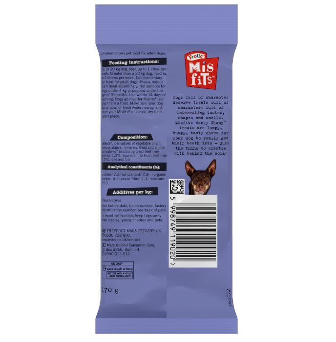 Misfits Wonky Chomp Adult Medium Dog Treats Beef 2 Stick