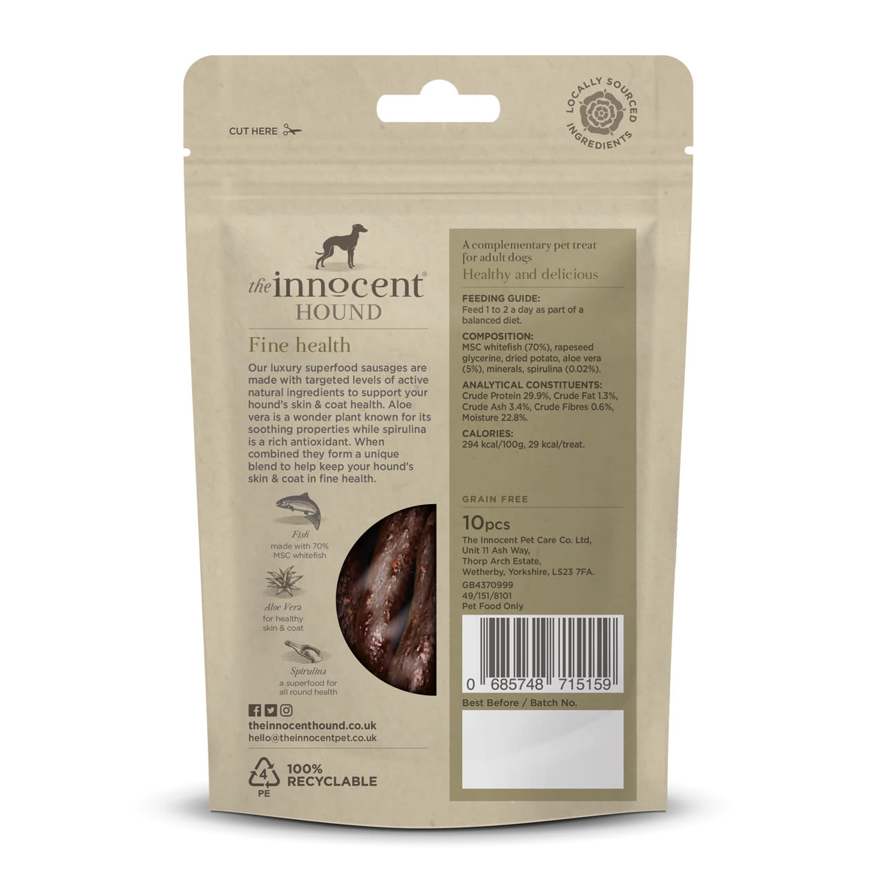 The Innocent Hound Dog Treat Skin & Coat Support Superfood Sausages
