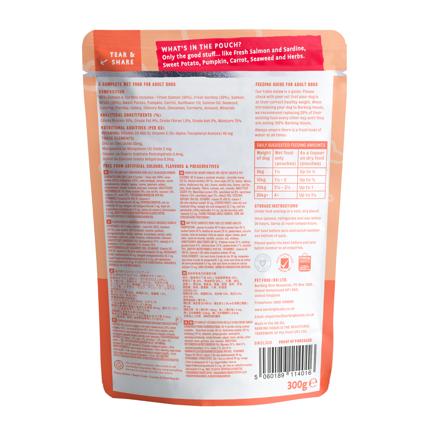 Barking Heads Pooched Adult Wet Dog Food in Pouches - Salmon & Sardine