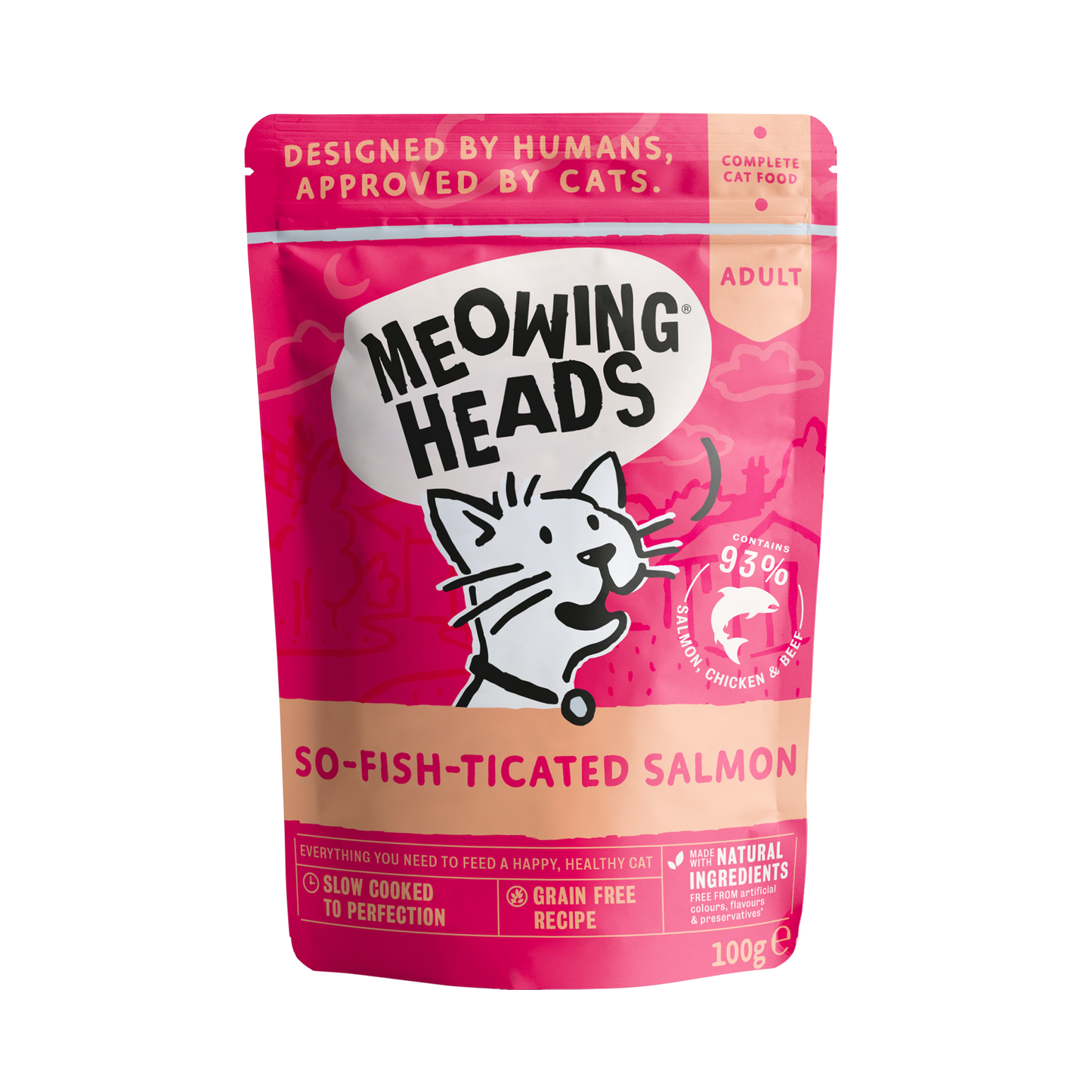 Meowing Heads So-Fish-Ticated Adult Wet Cat Food in Pouches - Salmon, Chicken & Beef