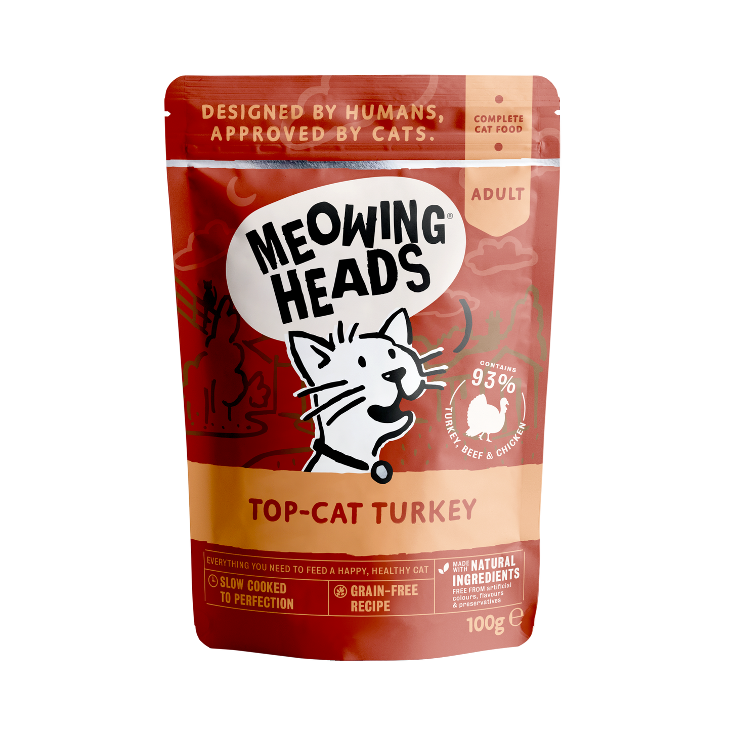 Meowing Heads Top-Cat Adult Wet Cat Food in Pouches - Turkey, Chicken & Beef
