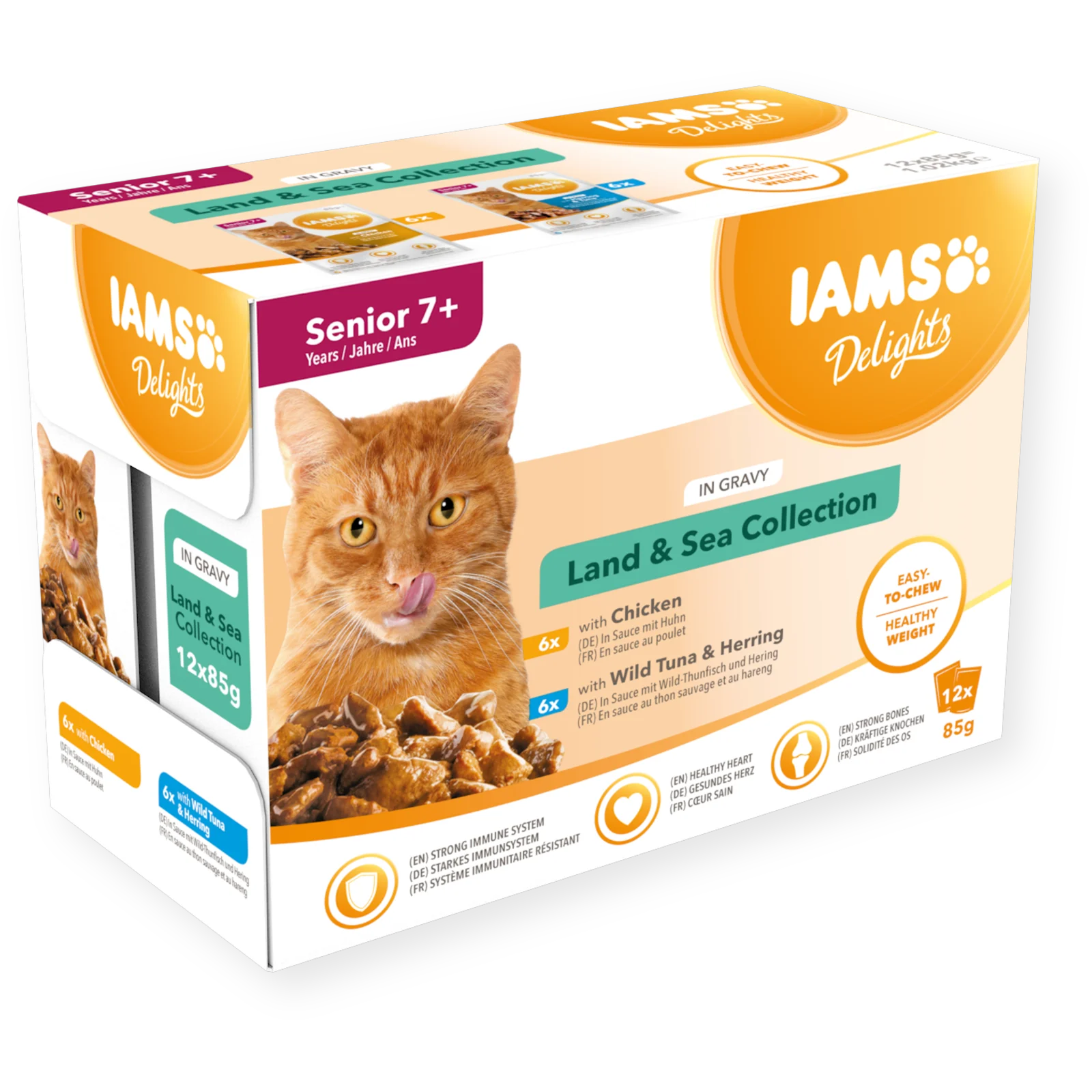 Iams Iams Delights Land Collection Chicken Herring Tuna Senior Wet Cat Food pet food packaging