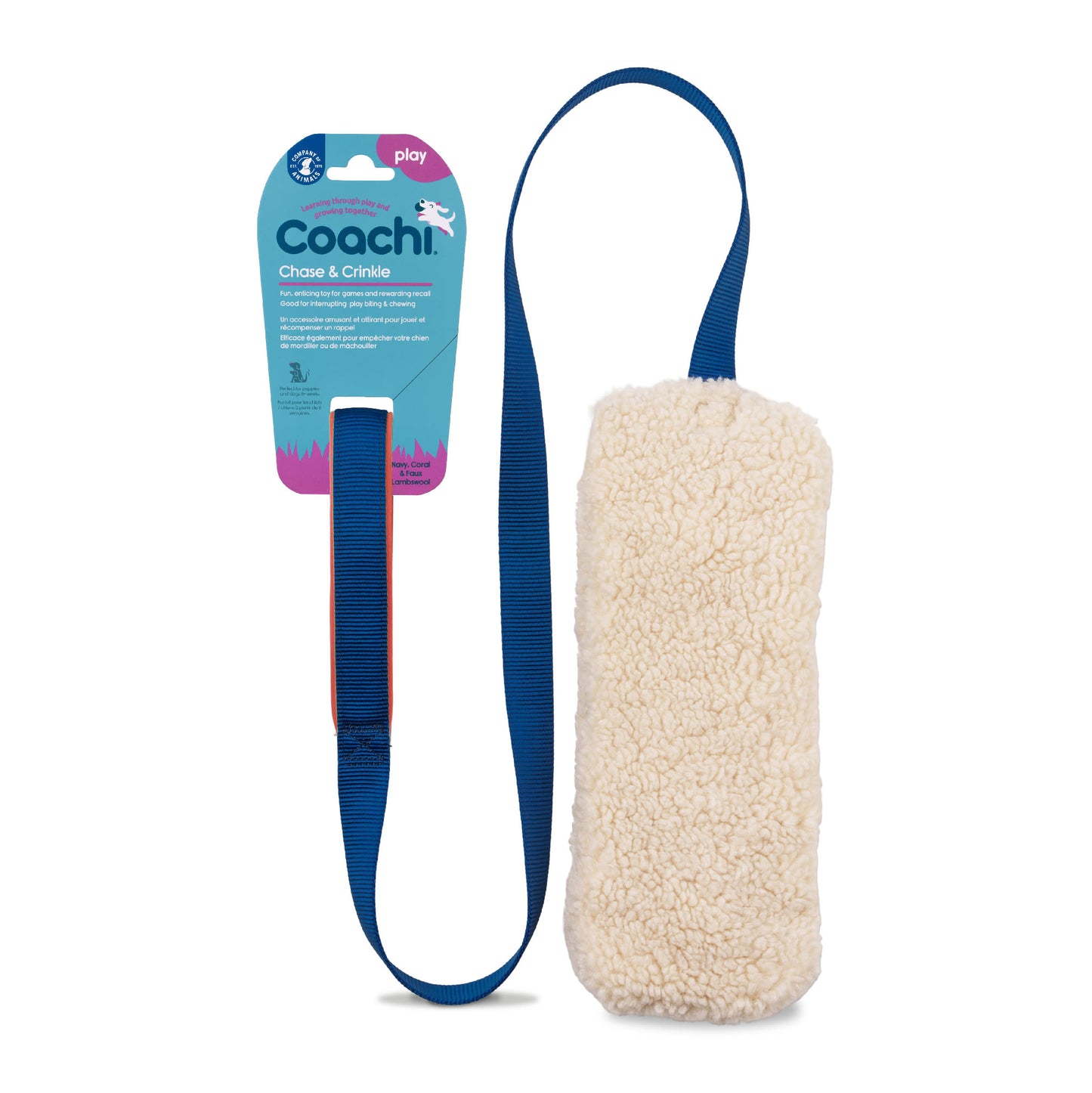 Coachi Chase & Crinkle Toy for Dogs - Navy, Coral & Faux Lambswool