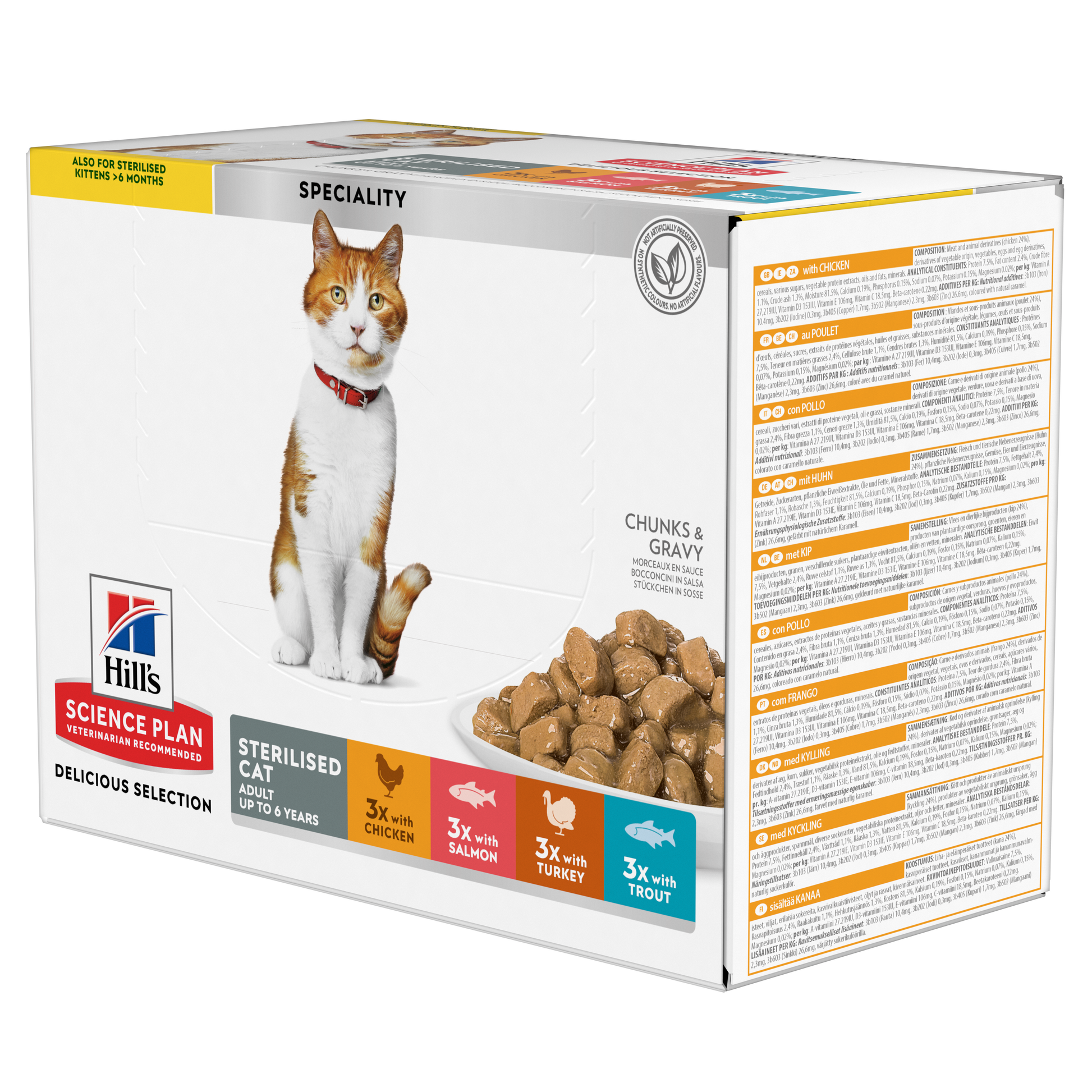 Hill's Pet Nutrition Hill'S Pet Nutrition Science Plan Sterilised Chicken Salmon Trout Turkey Adult Wet Cat Food pet food packaging