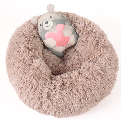 Dream Paws Anxiety Reducing Plush Dog & Cat Bed with Bear Toy - Brown