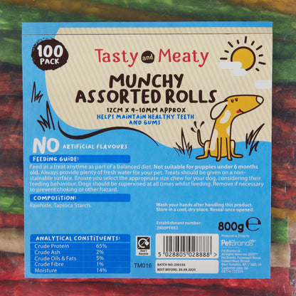 Tasty & Meaty Munchy Assorted Rawhide Rolls | Natural Chewy Adult Dogs Treats | 100-Pack