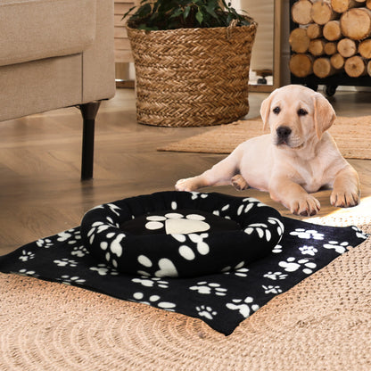 Dream Paws Pawprint Dog Bundle Bed With Blanket - Black