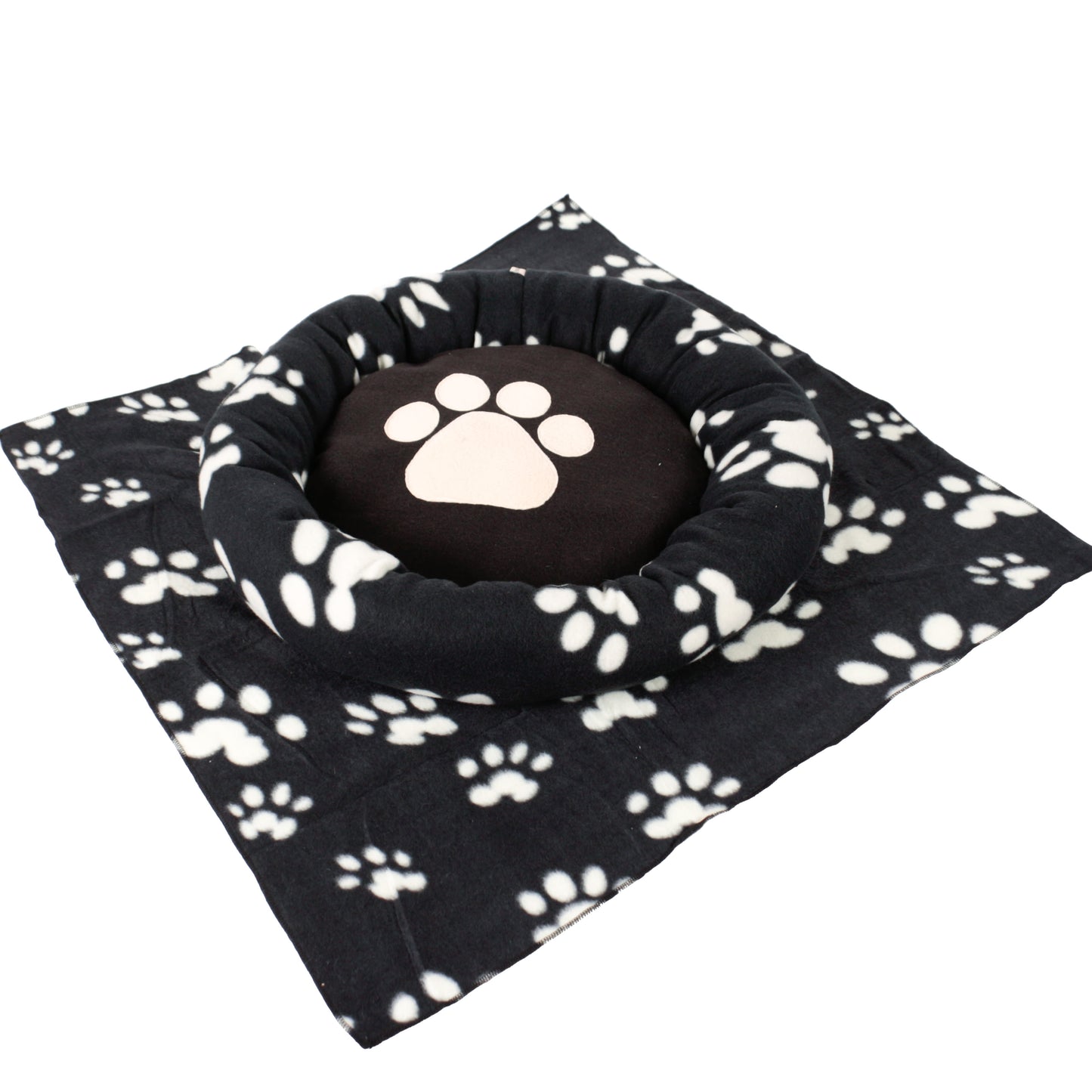Dream Paws Pawprint Dog Bundle Bed With Blanket - Black