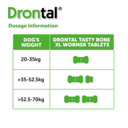 6x Drontal Tasty Bone XL Wormer Tablets for Large Dogs (2 to 20kg) 1 tablet per 35kg