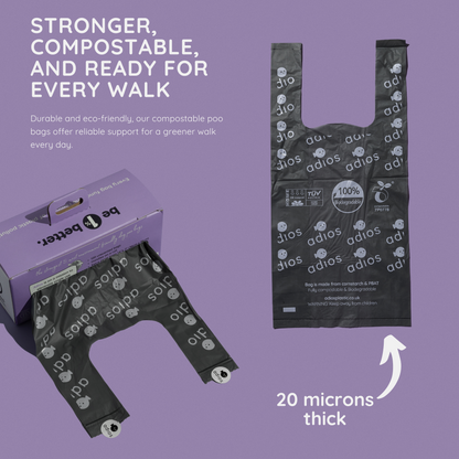 Adios Plastic Compostable Jumbo Handle Bag on a Roll Dispencer Grey Poo Bags - Large