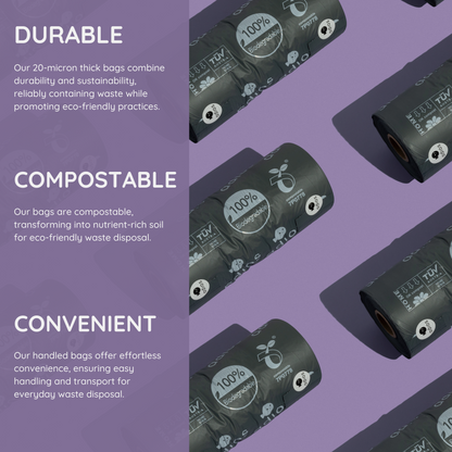 Adios Plastic Compostable Jumbo Handle Bag on a Roll Dispencer Grey Poo Bags - Large