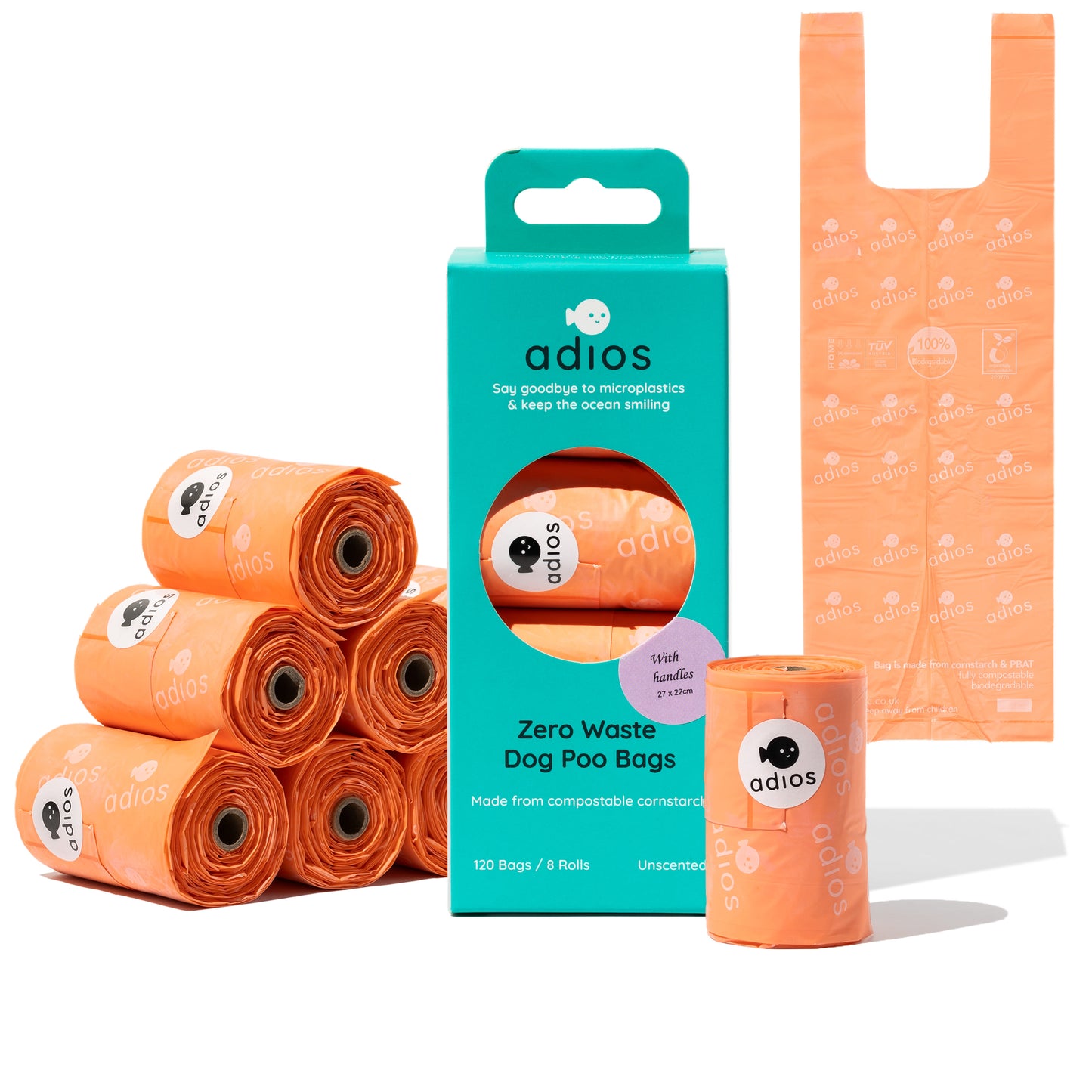 Adios Plastic Compostable Handle on a Roll Pink Poo Bags