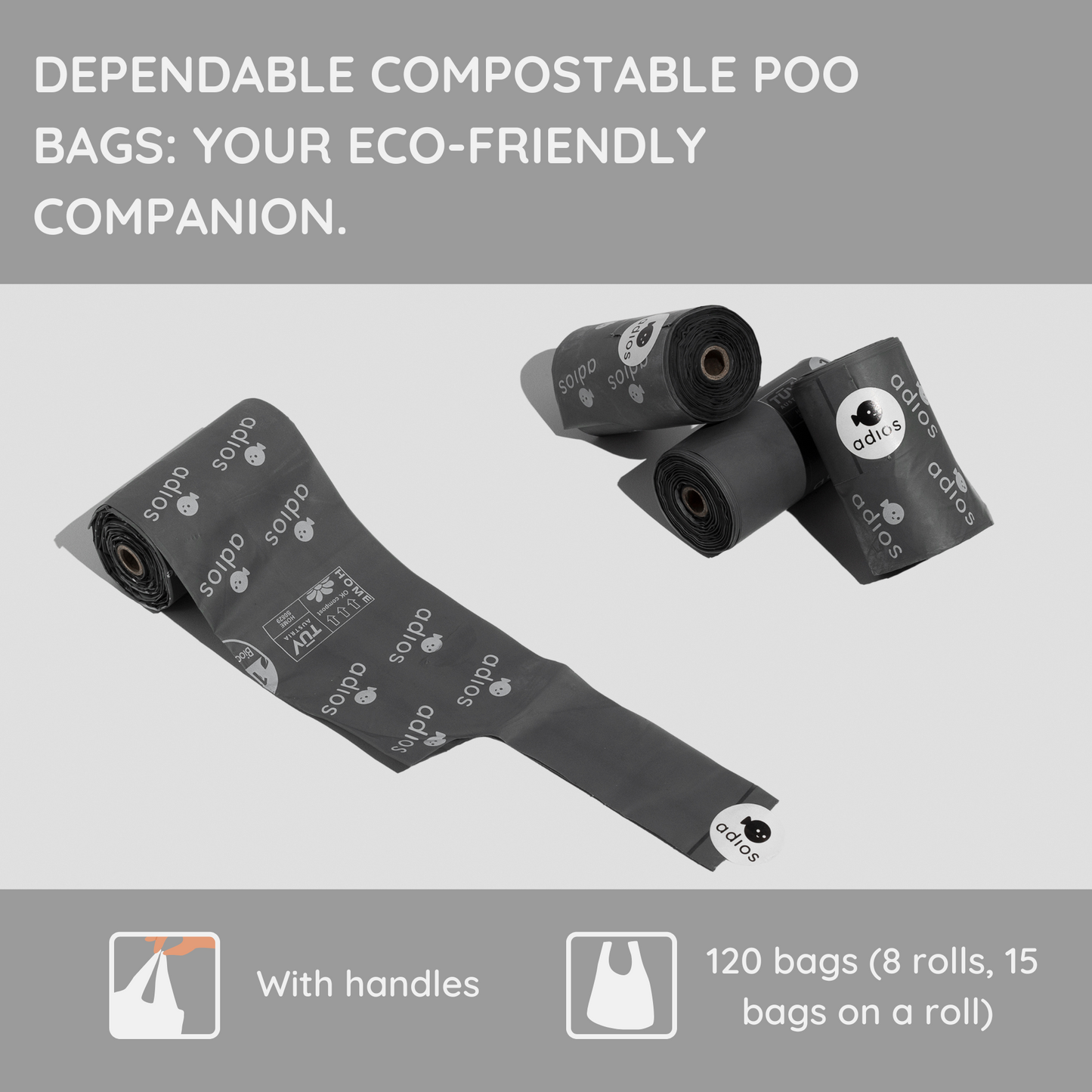 Adios Plastic Compostable Handle on a Roll Grey Poo Bags