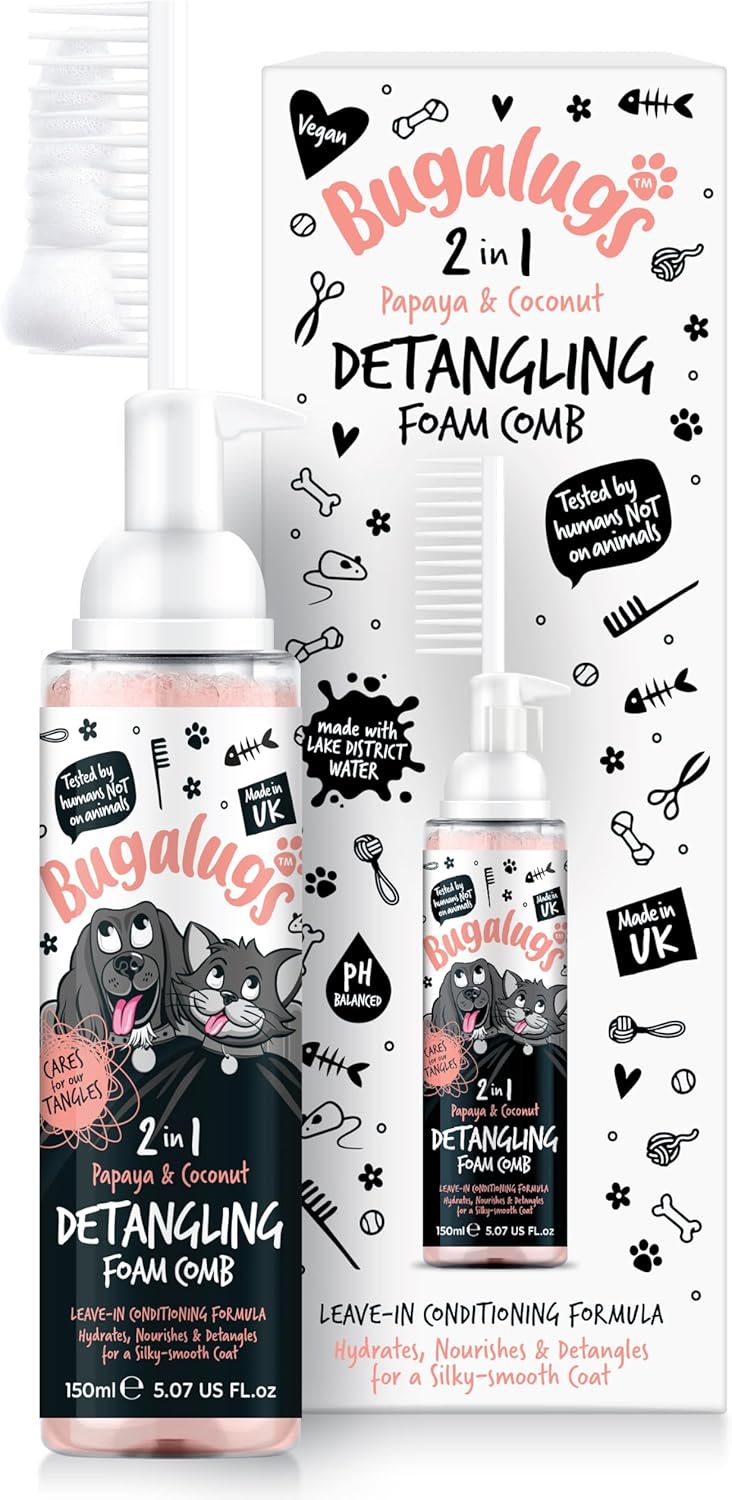 Bugalugs 2 in 1 Detangle & Conditioning Foam Comb for Dogs & Cats - Papaya & Coconut