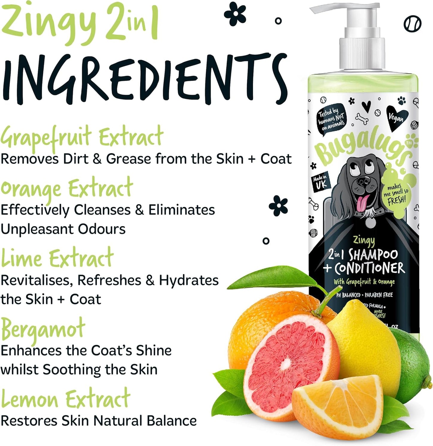 Bugalugs 2 in 1 Dog Shampoo & Conditioner Zingy Bottle with Grapefruit & Orange