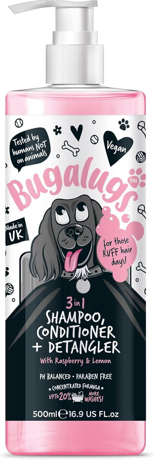 Bugalugs 3 in 1 Dog Shampoo, Conditioner & Detangler with Raspberry & Lemon
