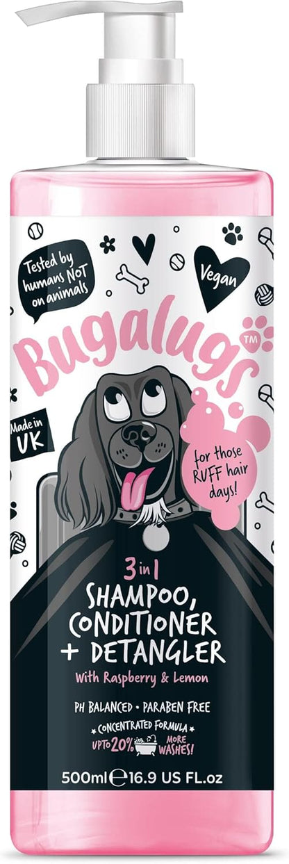 Bugalugs 3 in 1 Dog Shampoo, Conditioner & Detangler with Raspberry & Lemon