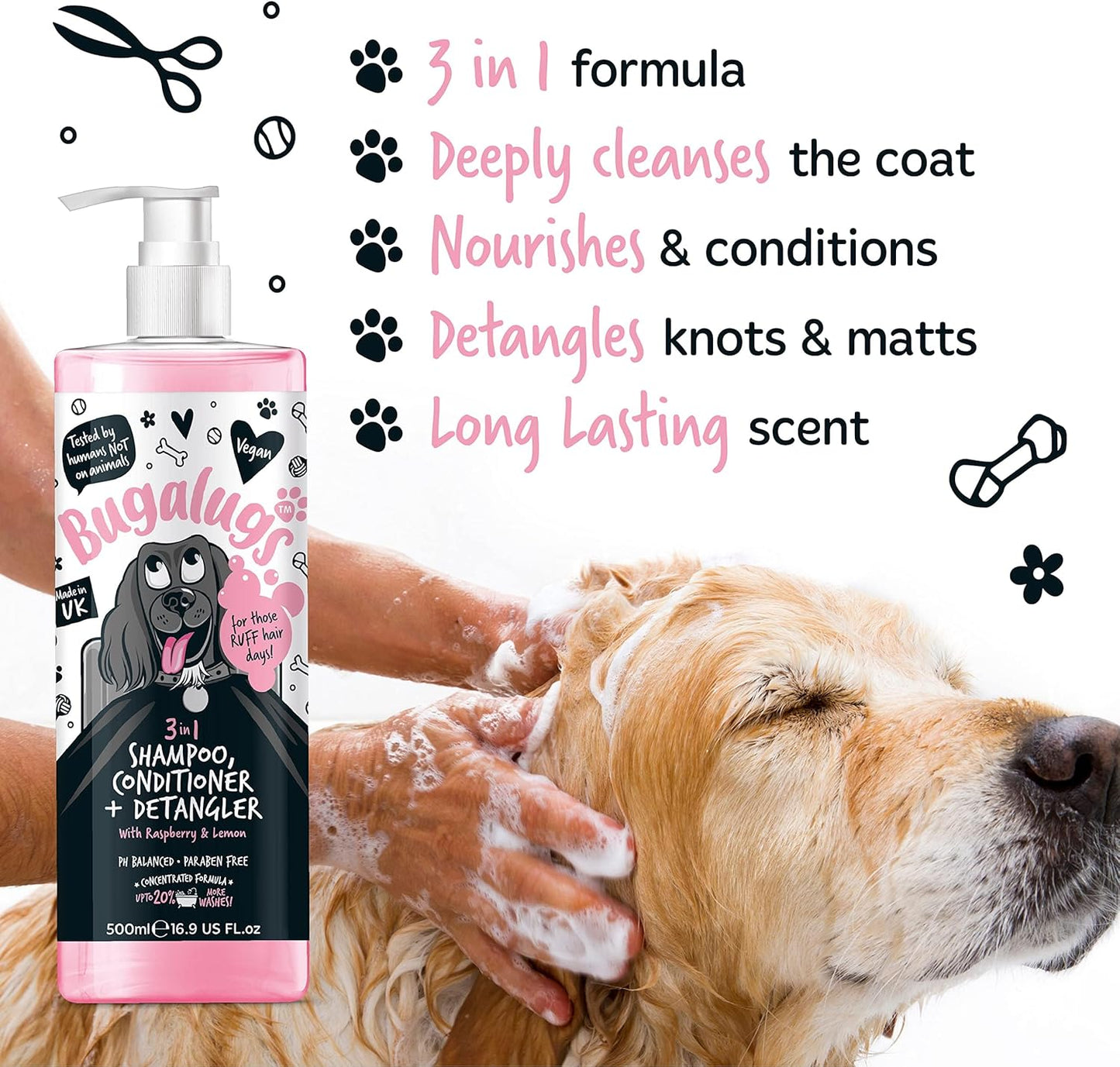 Bugalugs 3 in 1 Dog Shampoo, Conditioner & Detangler with Raspberry & Lemon