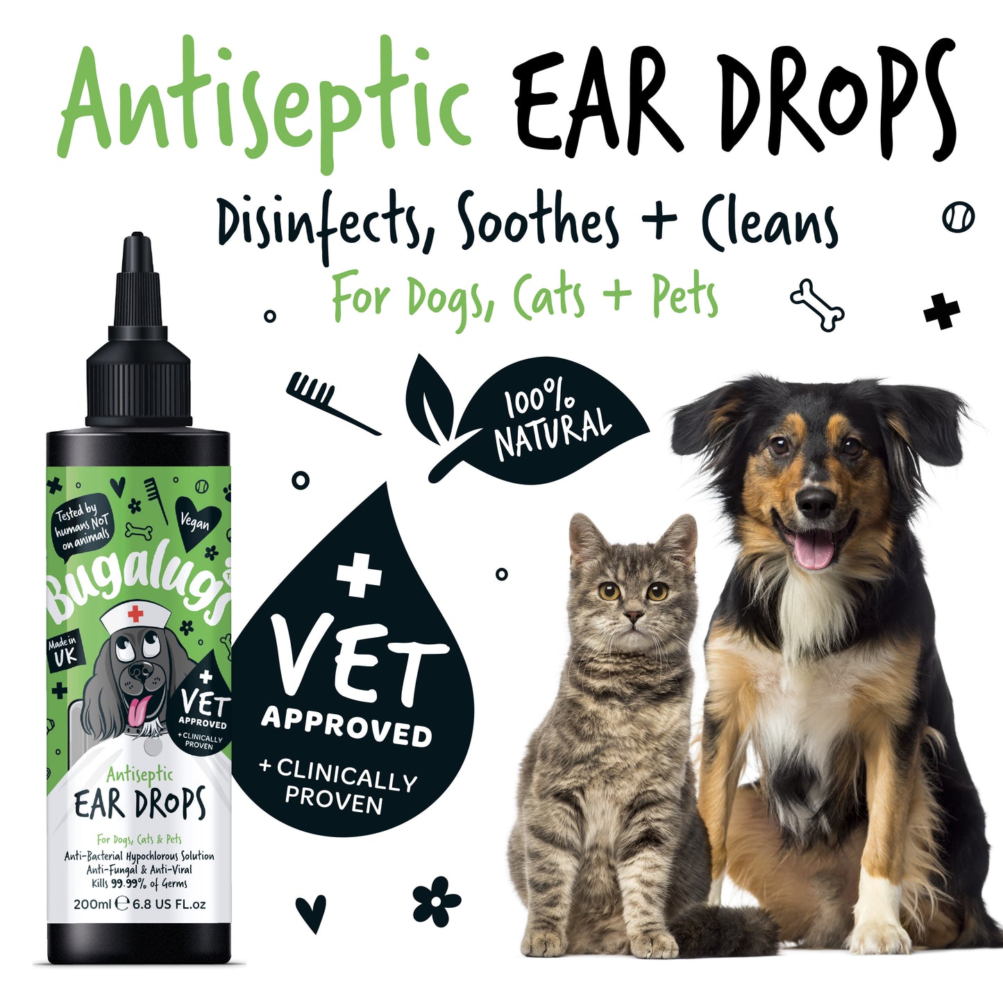 Bugalugs Antiseptic Ear Drops for Dogs, Cats & Pets