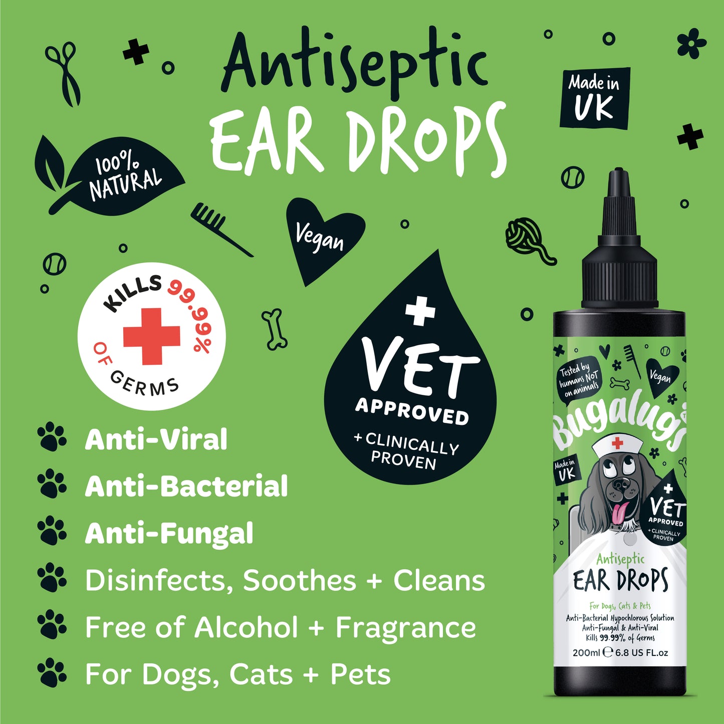 Bugalugs Antiseptic Ear Drops for Dogs, Cats & Pets