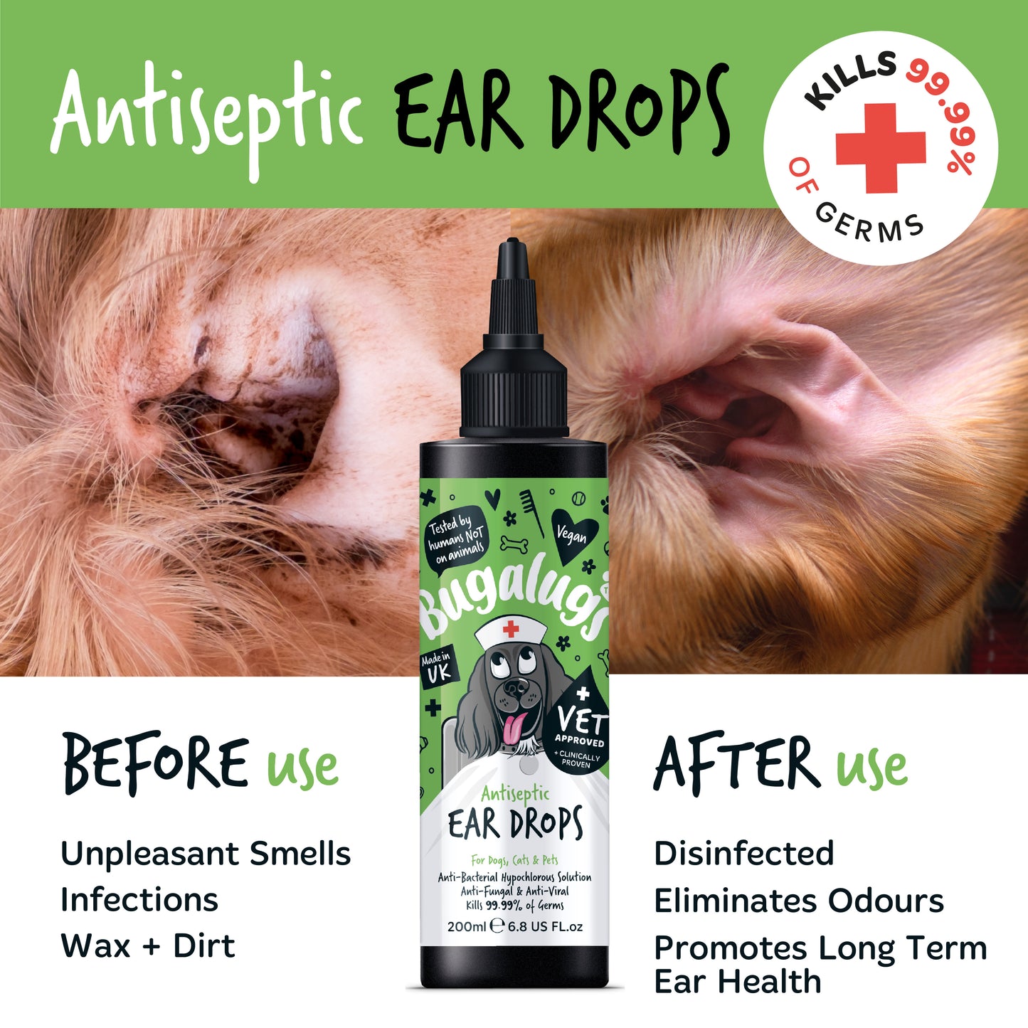 Bugalugs Antiseptic Ear Drops for Dogs, Cats & Pets