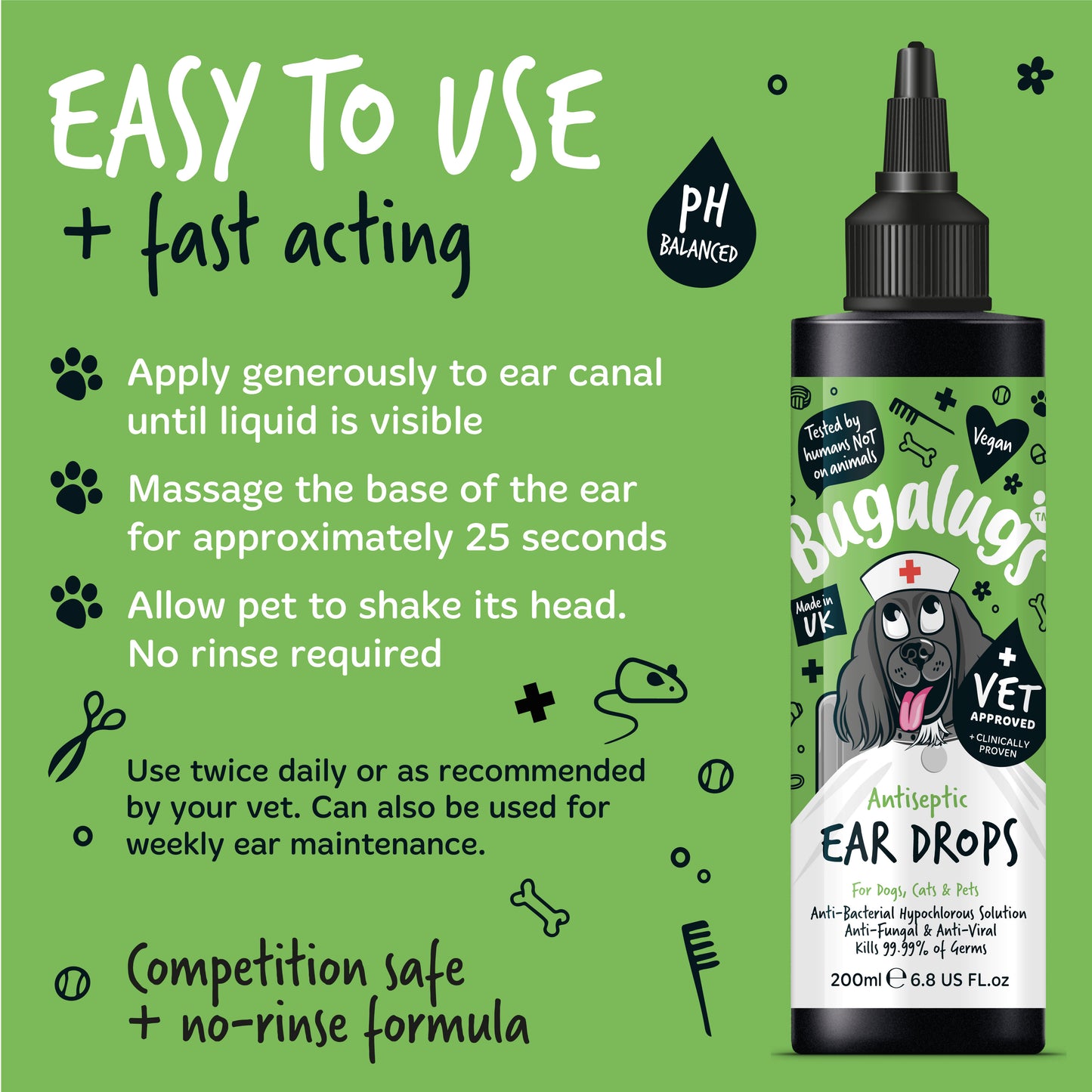 Bugalugs Antiseptic Ear Drops for Dogs, Cats & Pets