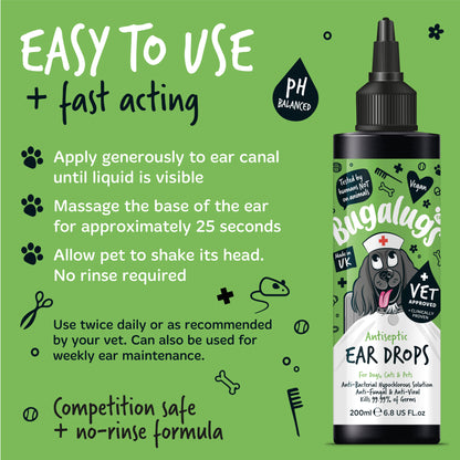 Bugalugs Antiseptic Ear Drops for Dogs, Cats & Pets