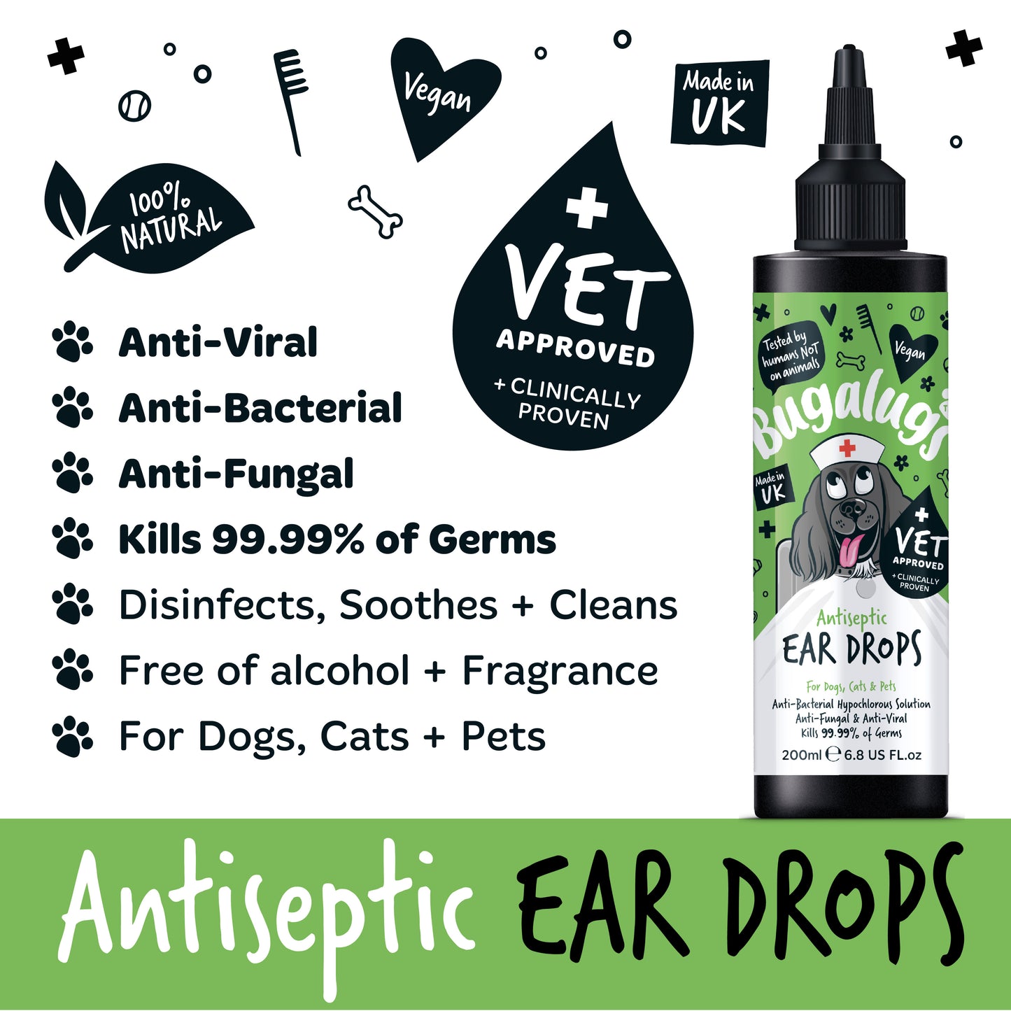Bugalugs Antiseptic Ear Drops for Dogs, Cats & Pets