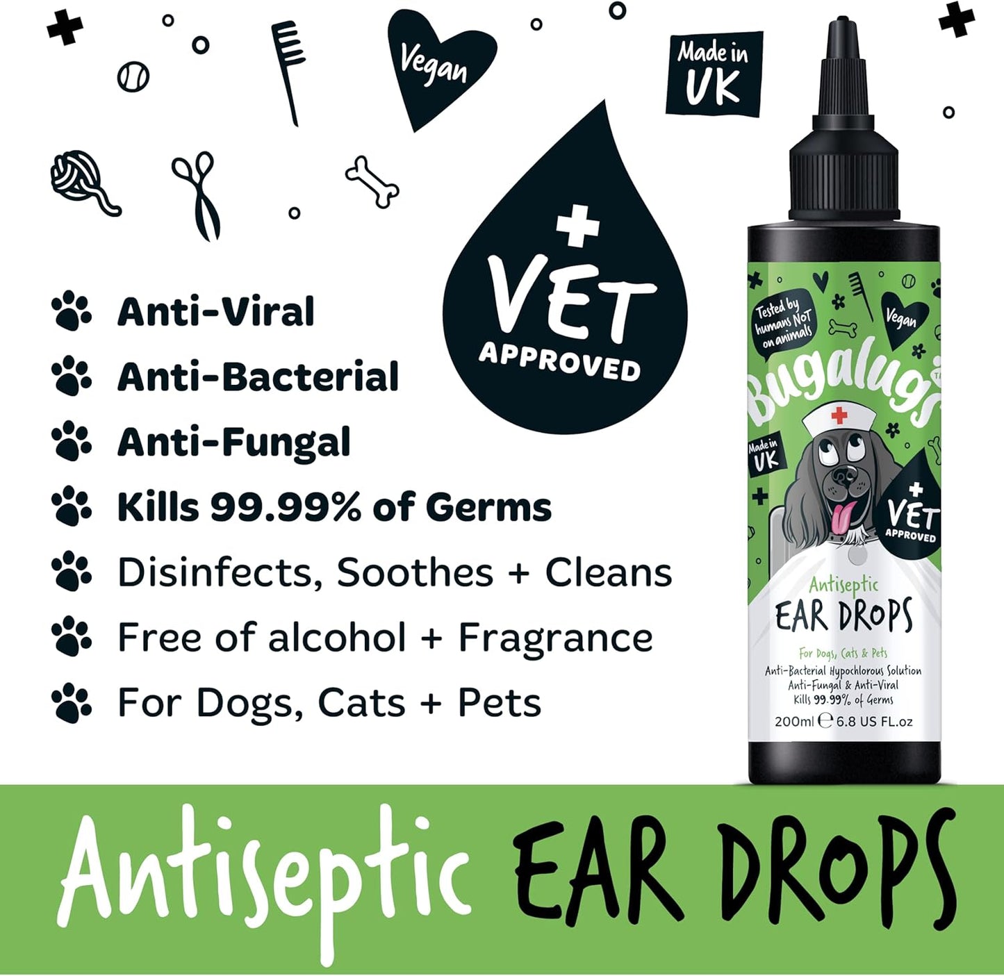 Bugalugs Antiseptic Ear Drops for Dogs, Cats & Pets