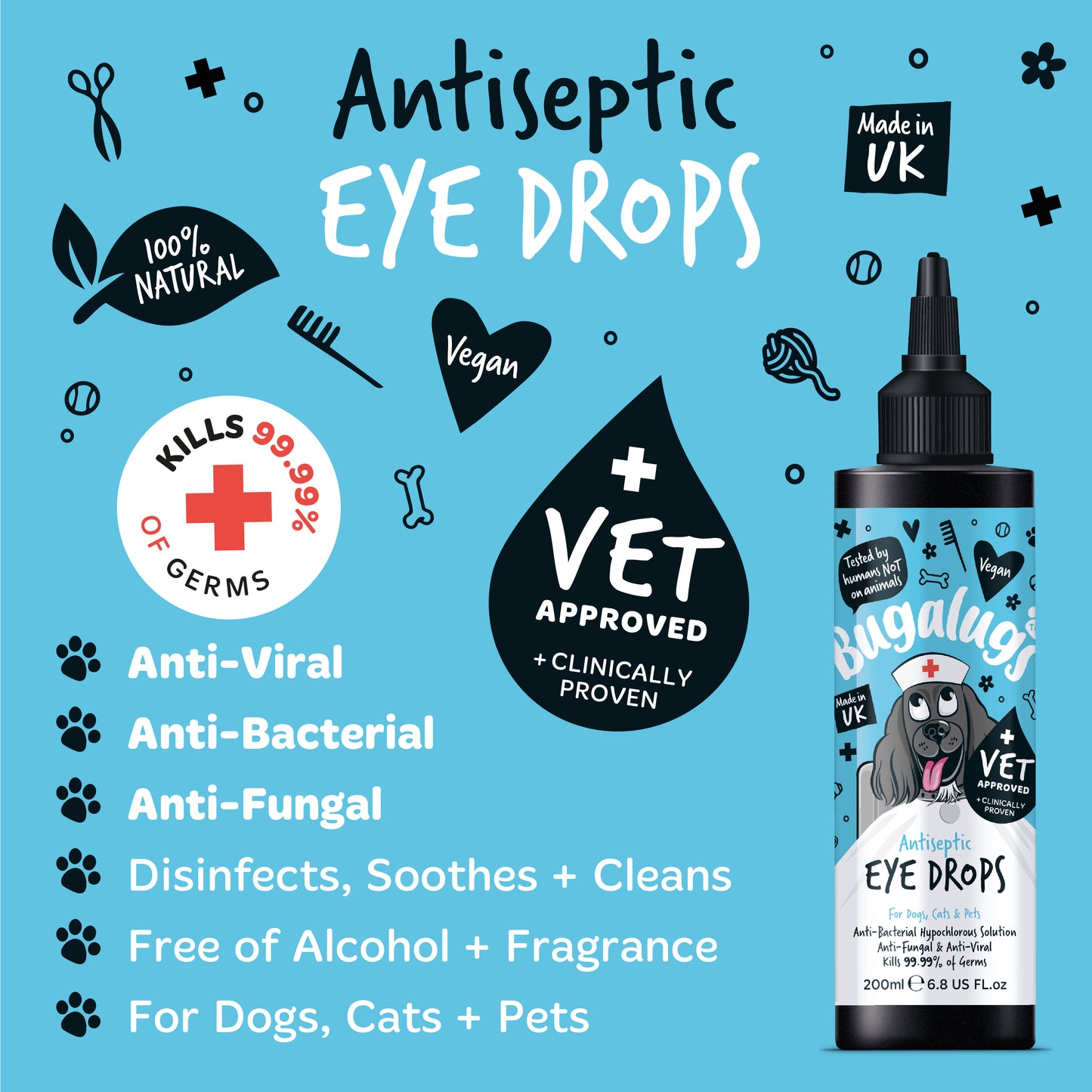 Bugalugs Antiseptic Eye Drops for Dogs, Cats & Pets