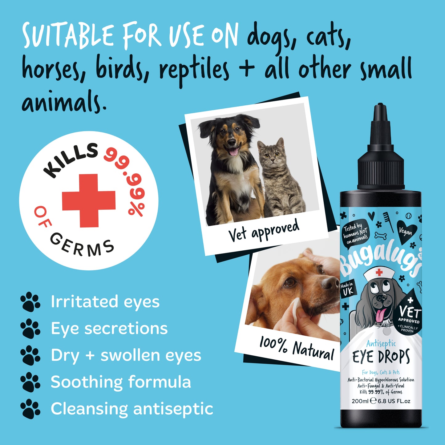 Bugalugs Antiseptic Eye Drops for Dogs, Cats & Pets
